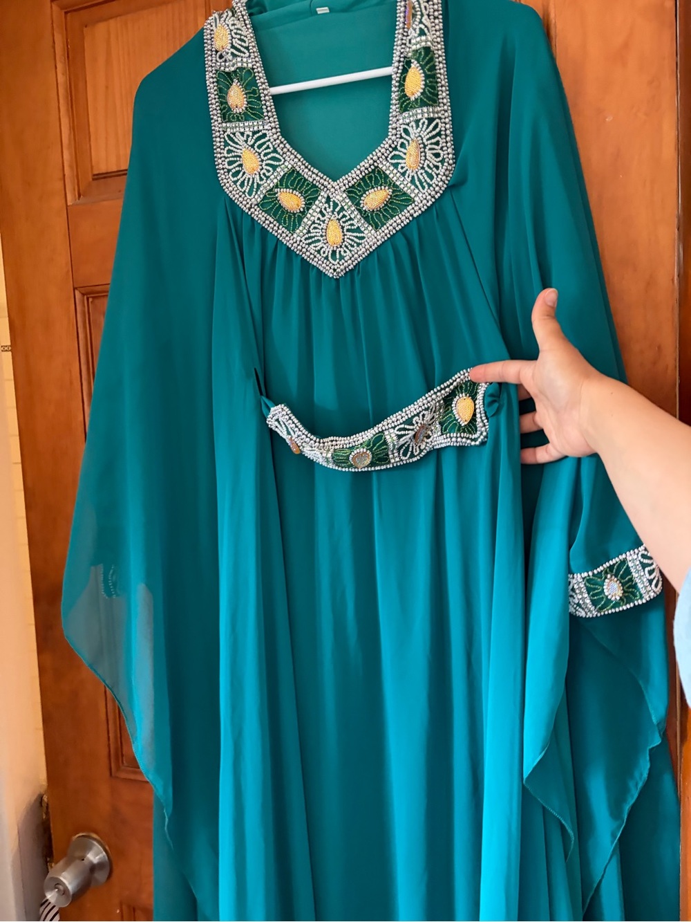 Teal Beaded Kaftan with Embellished Waist and Neckline